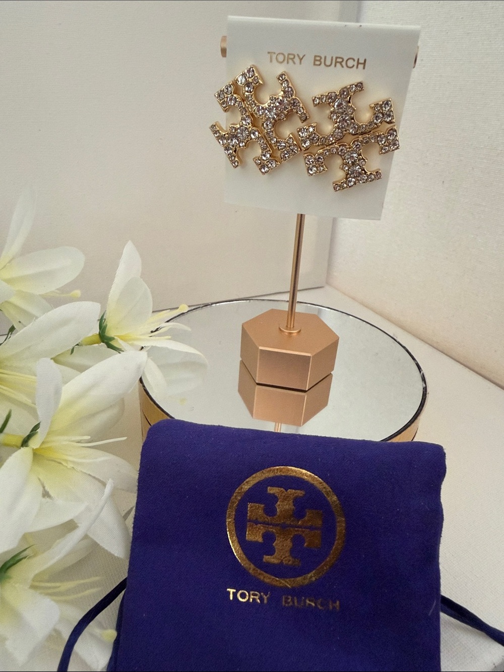 Tory Burch Authentic Gold Crystal Logo Stud Earrings with Pouch NEW